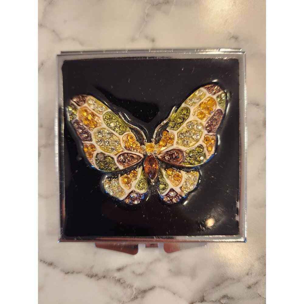 Vintage Butterfly Rhinestone Compact Mirror Silver Tone Double-Sided
